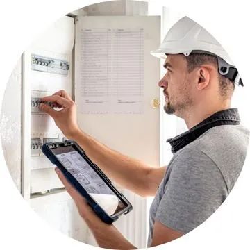 Eletricista identificando o disjuntor correto a ser substituído com uso de multímetro e inspeção visual no quadro de distribuição.