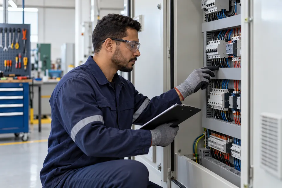 Profissional avaliando um painel de distribuição elétrica