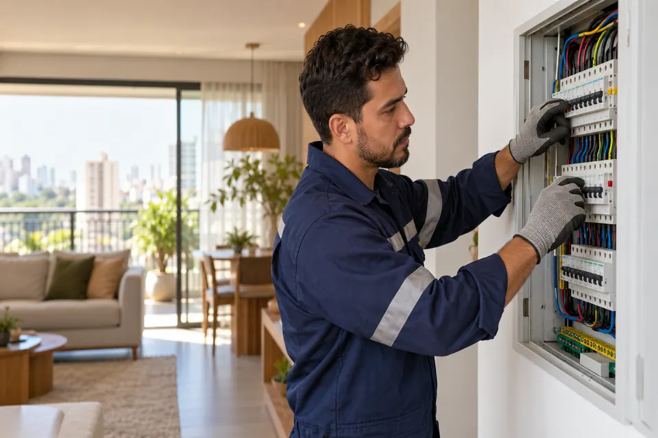 Profissional avaliando um painel de distribuição elétrica